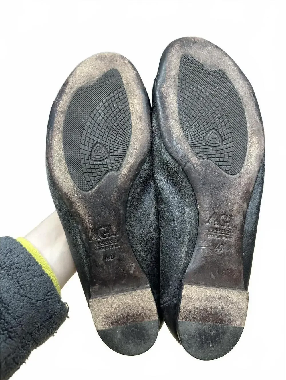 AGL Black Leather Ballet Flats with Patent Toe Cap and Buckle Detail